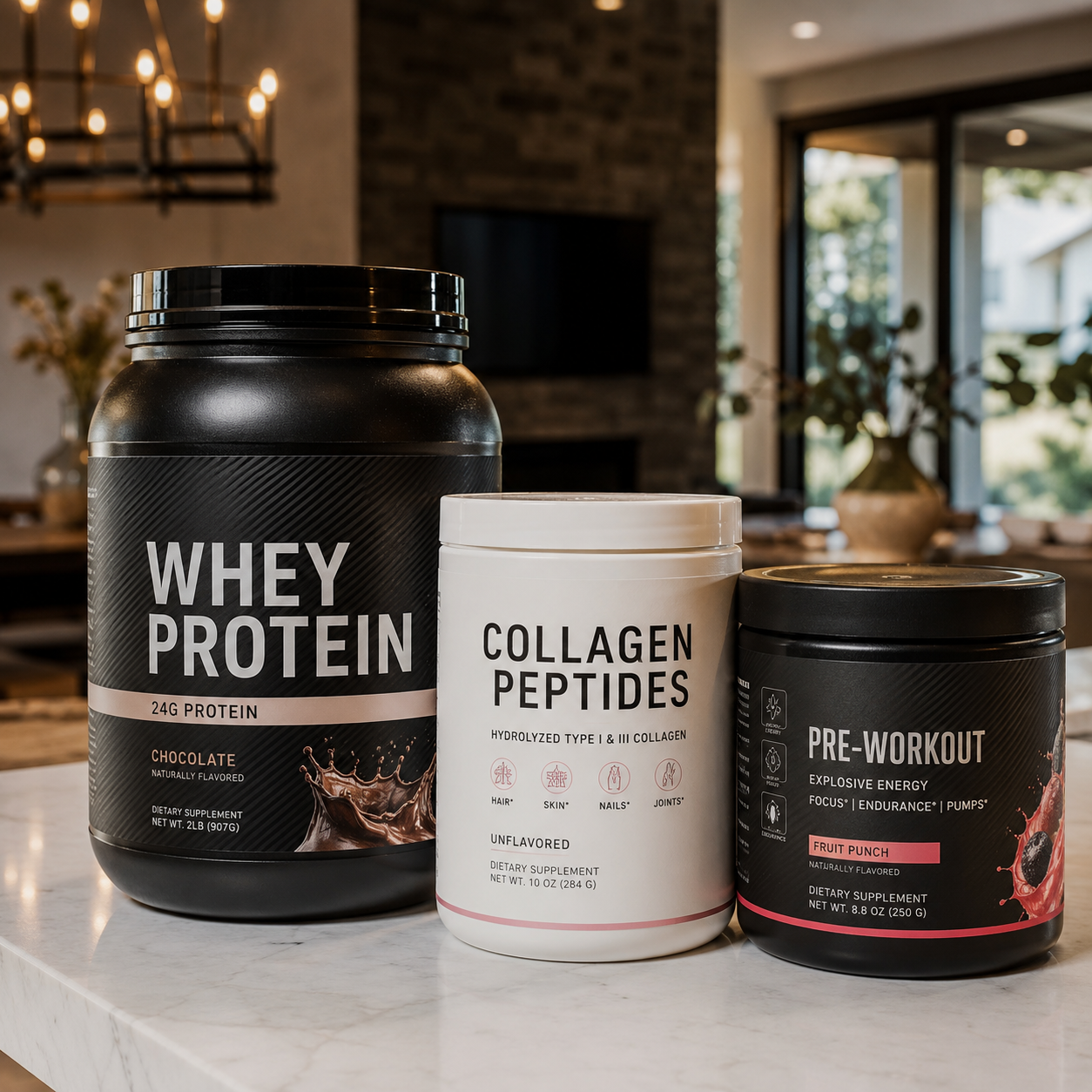 Whey protein, collagen peptides and pre-workout supplements on a marble counter